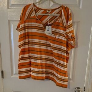 Orange and White Striped V-Neck Short Sleeve Tee